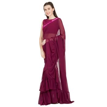 Magenta Plain Faux Georgette Ruffle Saree With Blouse 3