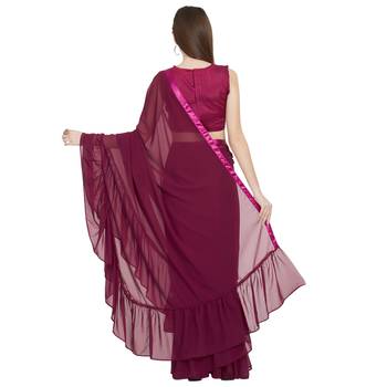 Magenta Plain Faux Georgette Ruffle Saree With Blouse 4