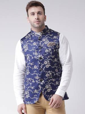 Blue Printed Cotton Poly Nehru Jacket 1
