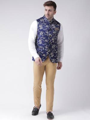 Blue Printed Cotton Poly Nehru Jacket 2