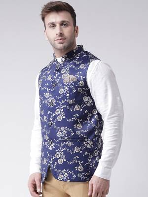 Blue Printed Cotton Poly Nehru Jacket 3