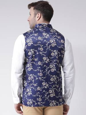 Blue Printed Cotton Poly Nehru Jacket 4