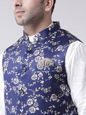 Blue Printed Cotton Poly Nehru Jacket 5