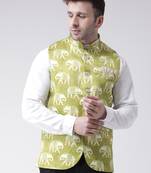 Green Printed Cotton Poly Nehru Jacket