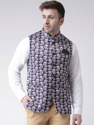 Blue Printed Cotton Poly Nehru Jacket 1