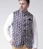 Blue Printed Cotton Poly Nehru Jacket