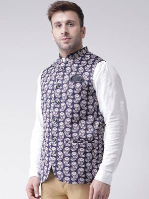 Blue Printed Cotton Poly Nehru Jacket 3