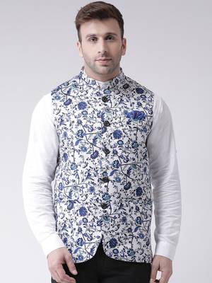 White Printed Cotton Poly Nehru Jacket 1