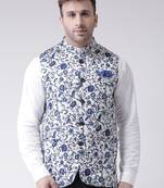 White Printed Cotton Poly Nehru Jacket