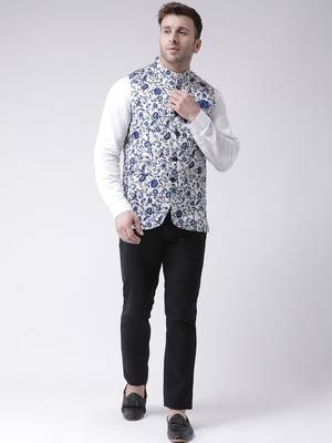 White Printed Cotton Poly Nehru Jacket 2