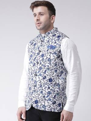 White Printed Cotton Poly Nehru Jacket 3
