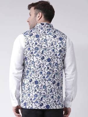 White Printed Cotton Poly Nehru Jacket 4