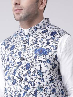 White Printed Cotton Poly Nehru Jacket 5