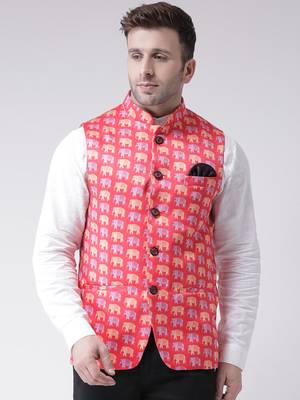 Pink Printed Cotton Poly Nehru Jacket 1