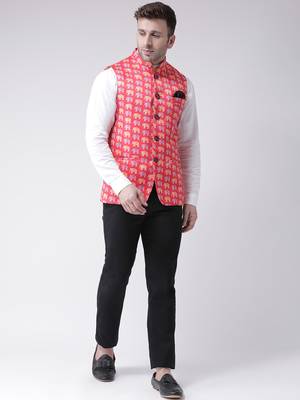 Pink Printed Cotton Poly Nehru Jacket 2
