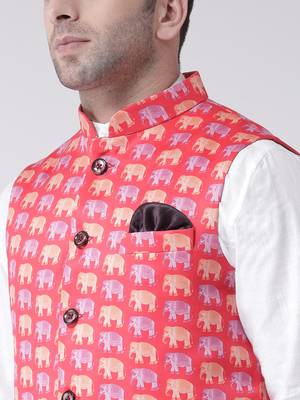 Pink Printed Cotton Poly Nehru Jacket 5