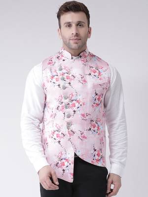 Pink Printed Cotton Poly Nehru Jacket 1