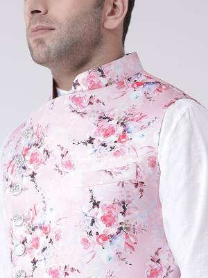 Pink Printed Cotton Poly Nehru Jacket 5