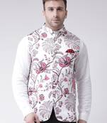 White Printed Cotton Poly Nehru Jacket