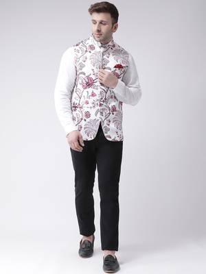 White Printed Cotton Poly Nehru Jacket 2