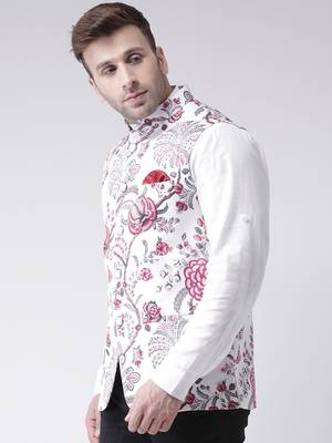 White Printed Cotton Poly Nehru Jacket 3