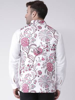 White Printed Cotton Poly Nehru Jacket 4