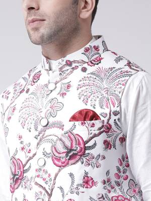 White Printed Cotton Poly Nehru Jacket 5