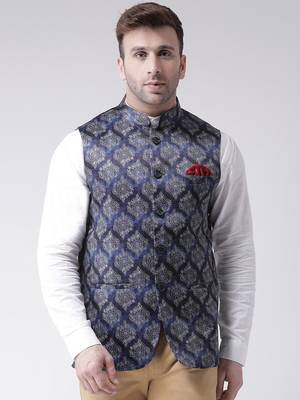 Blue Printed Cotton Poly Nehru Jacket 1