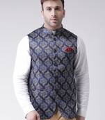 Blue Printed Cotton Poly Nehru Jacket