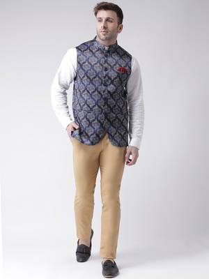Blue Printed Cotton Poly Nehru Jacket 2