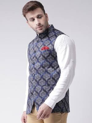 Blue Printed Cotton Poly Nehru Jacket 3