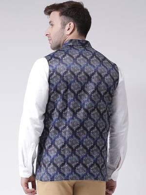 Blue Printed Cotton Poly Nehru Jacket 4