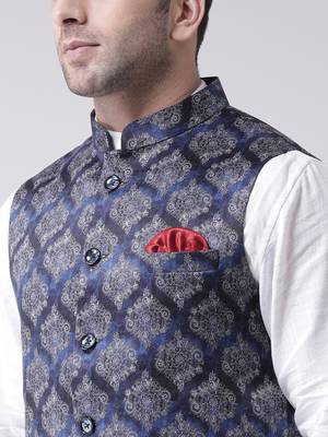 Blue Printed Cotton Poly Nehru Jacket 5