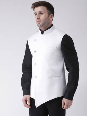White plain cotton poly
 nehru jacket 3