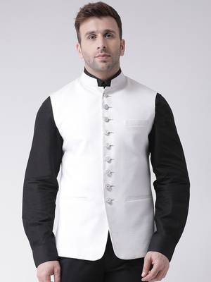 White plain cotton poly
 nehru jacket 1
