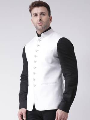 White plain cotton poly
 nehru jacket 3