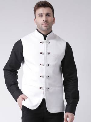 White plain cotton poly nehru jacket 1