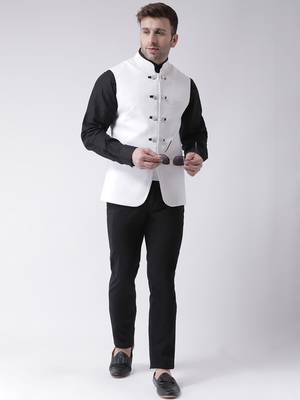 White plain cotton poly nehru jacket 2