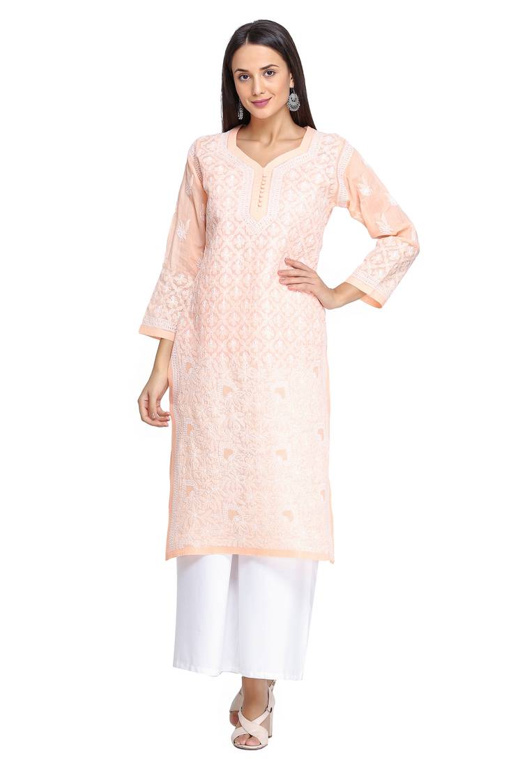 Ada Hand Embroidered Peach Cotton Chikankari Kurti