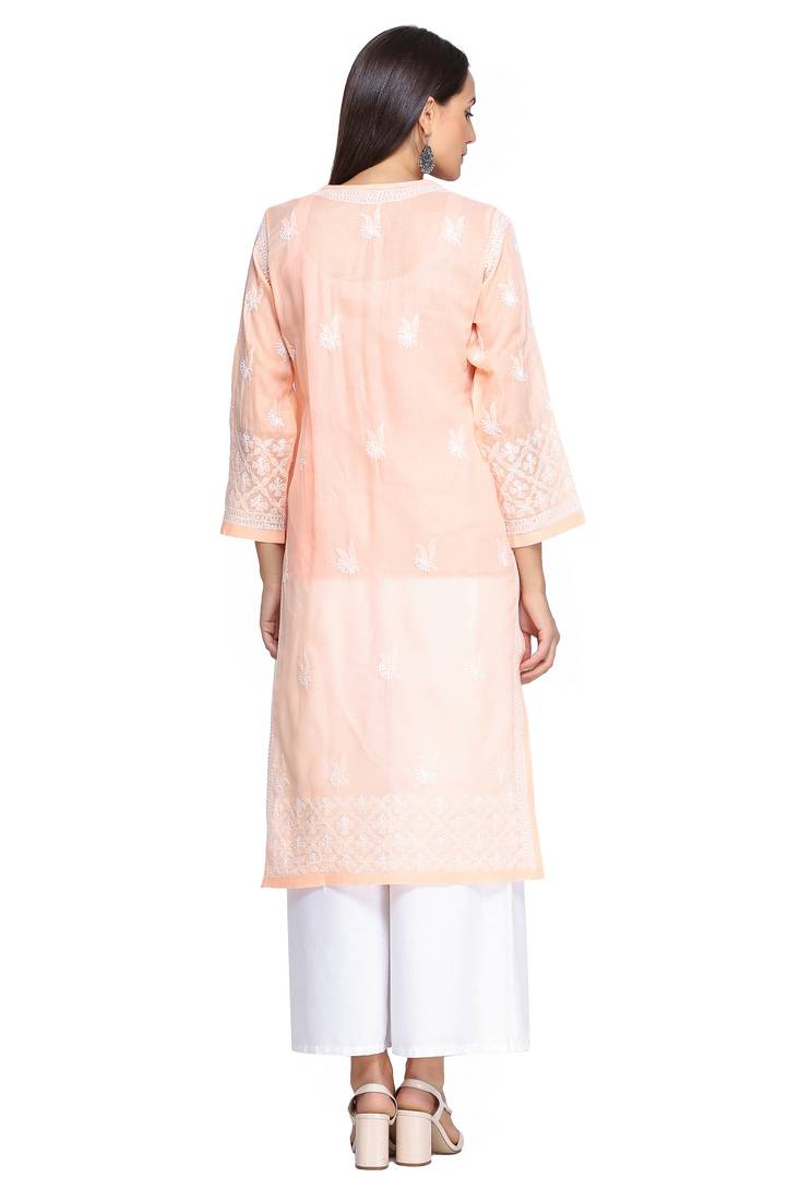 Ada Hand Embroidered Peach Cotton Chikankari Kurti