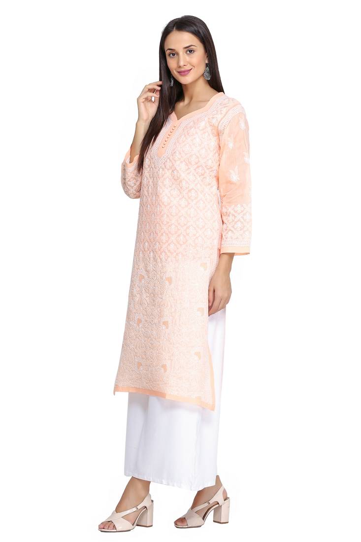 Ada Hand Embroidered Peach Cotton Chikankari Kurti
