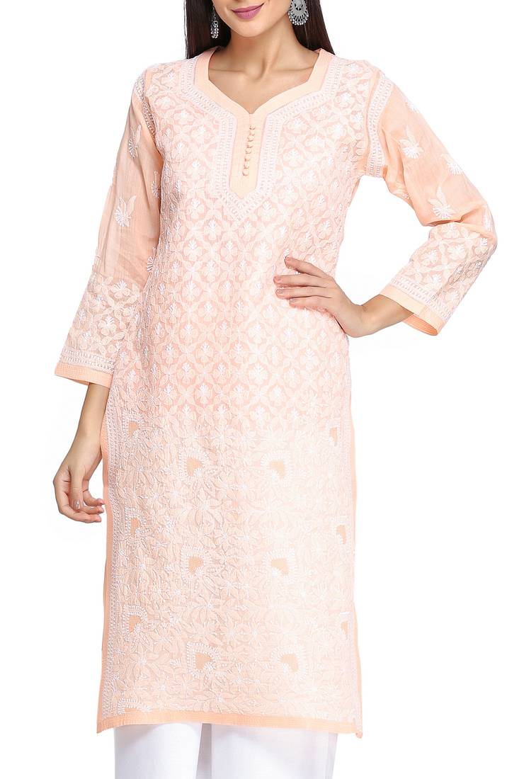 Ada Hand Embroidered Peach Cotton Chikankari Kurti