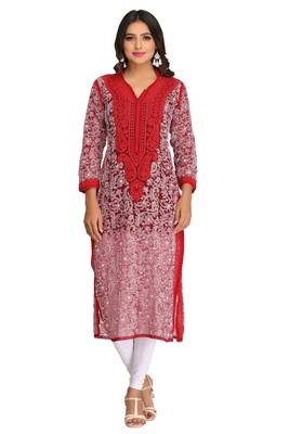 Ada Hand Embroidered Blood Red Georgette Lucknowi Chikankari Indian Women Kurta - A253054 1