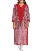 Ada Hand Embroidered Blood Red Georgette Lucknowi Chikankari Indian Women Kurta - A253054