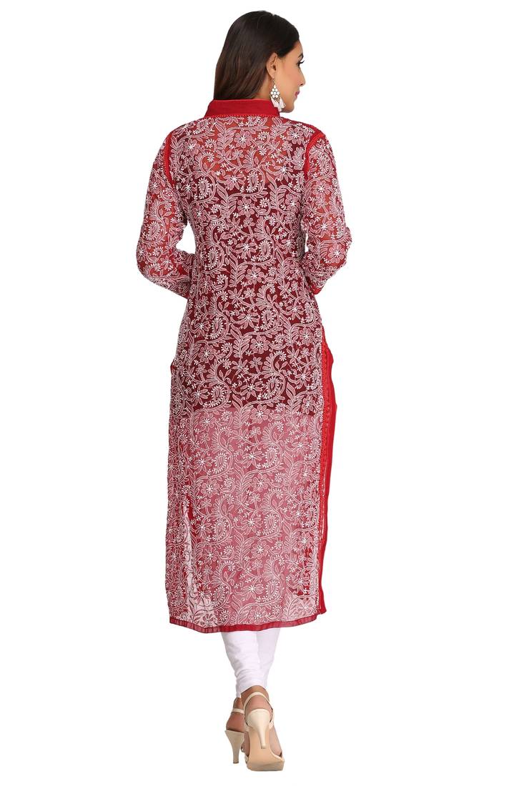 Ada Hand Embroidered Blood Red Georgette Lucknowi Chikankari Indian Women Kurta - A253054