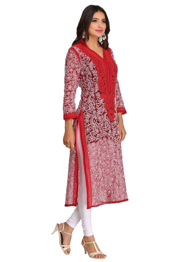 Ada Hand Embroidered Blood Red Georgette Lucknowi Chikankari Indian Women Kurta - A253054