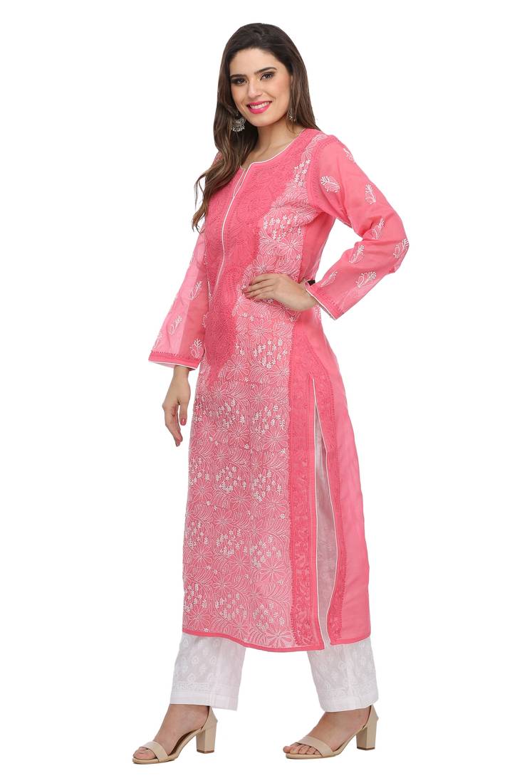 Ada Carrot Pink Cotton Chikankari Kurti
