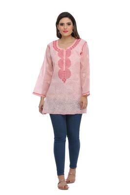 Peach Embroidered Cotton Chikankari Short Kurti 1