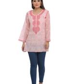 Peach Embroidered Cotton Chikankari Short Kurti
