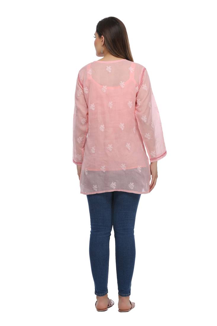 Peach Embroidered Cotton Chikankari Short Kurti